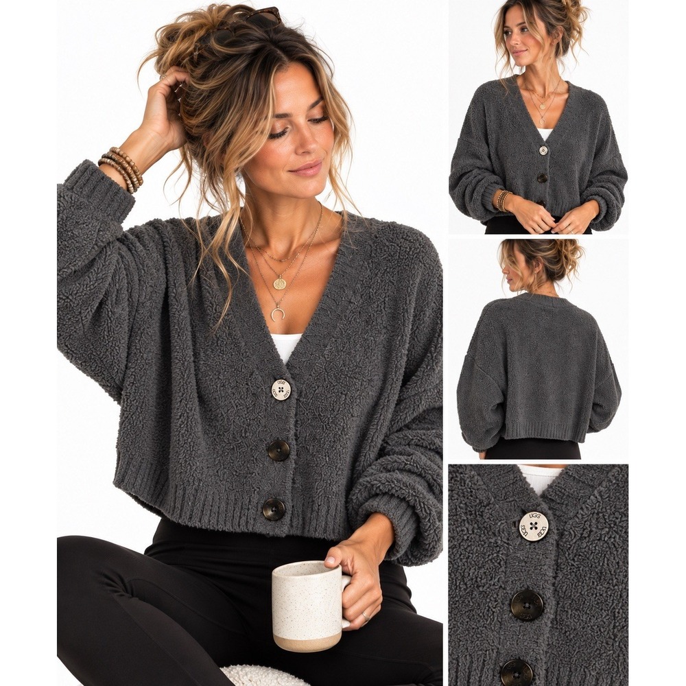 UGG Grandpa Cardigan XL Gray Cropped Sweater Oversized Relaxed Boho Cottagecore